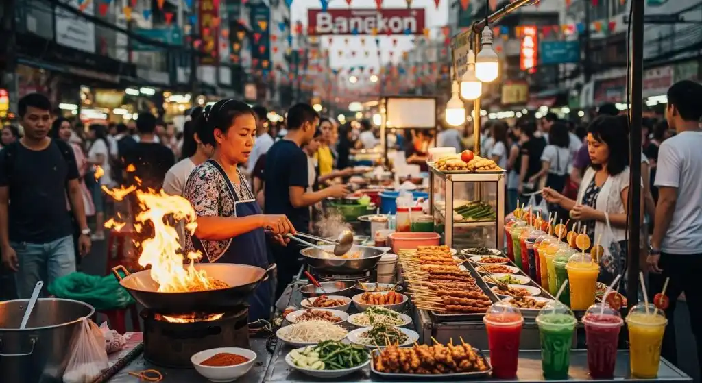 A bustling Thai street food market at night, with vendors cooking and serving a variety of colorful dishes and drinks. The scene is lively, with many people gathered around the stalls, and the atmosphere is vibrant and energetic.